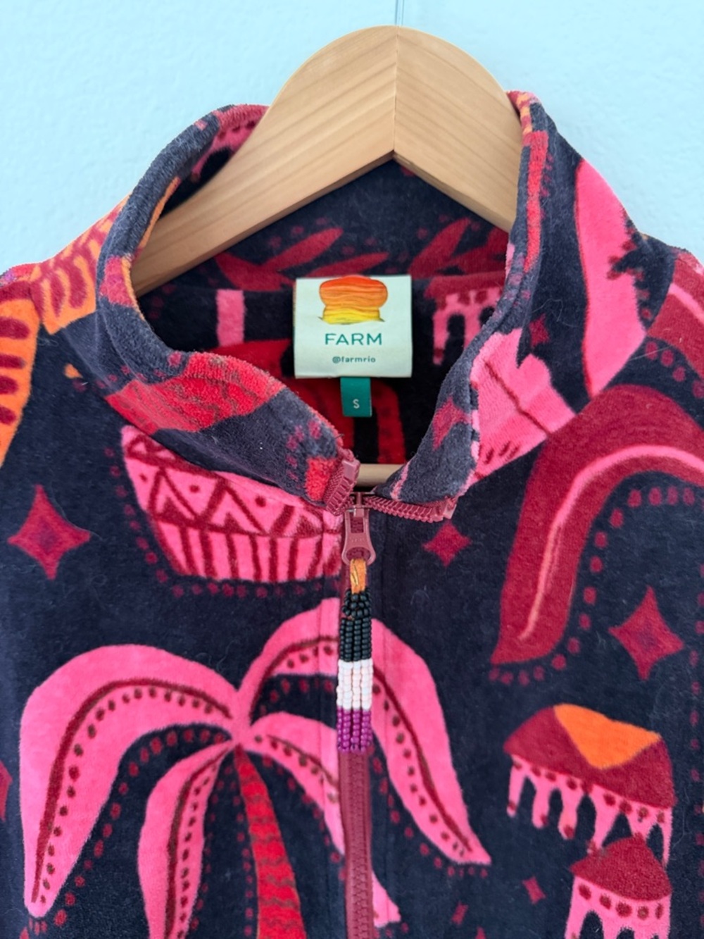 Farm Rio Black Tropical Magic Plush Velvet Bomber Jacket women's size Small - Picture 2 of 16